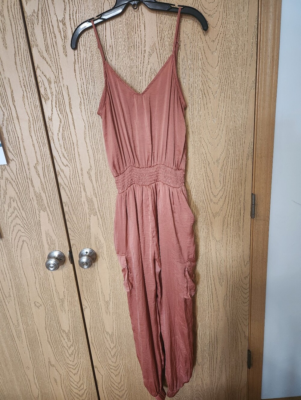 Glam Dusty Rose Sleeveless Satin Cargo Jumpsuit with Pockets
